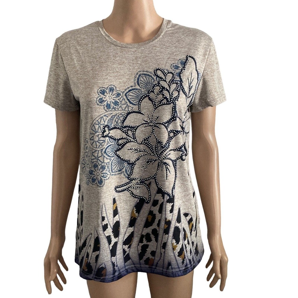 Todays Designer Tshirt Womens Small Floral Beaded Stretch Bling Gray Blue